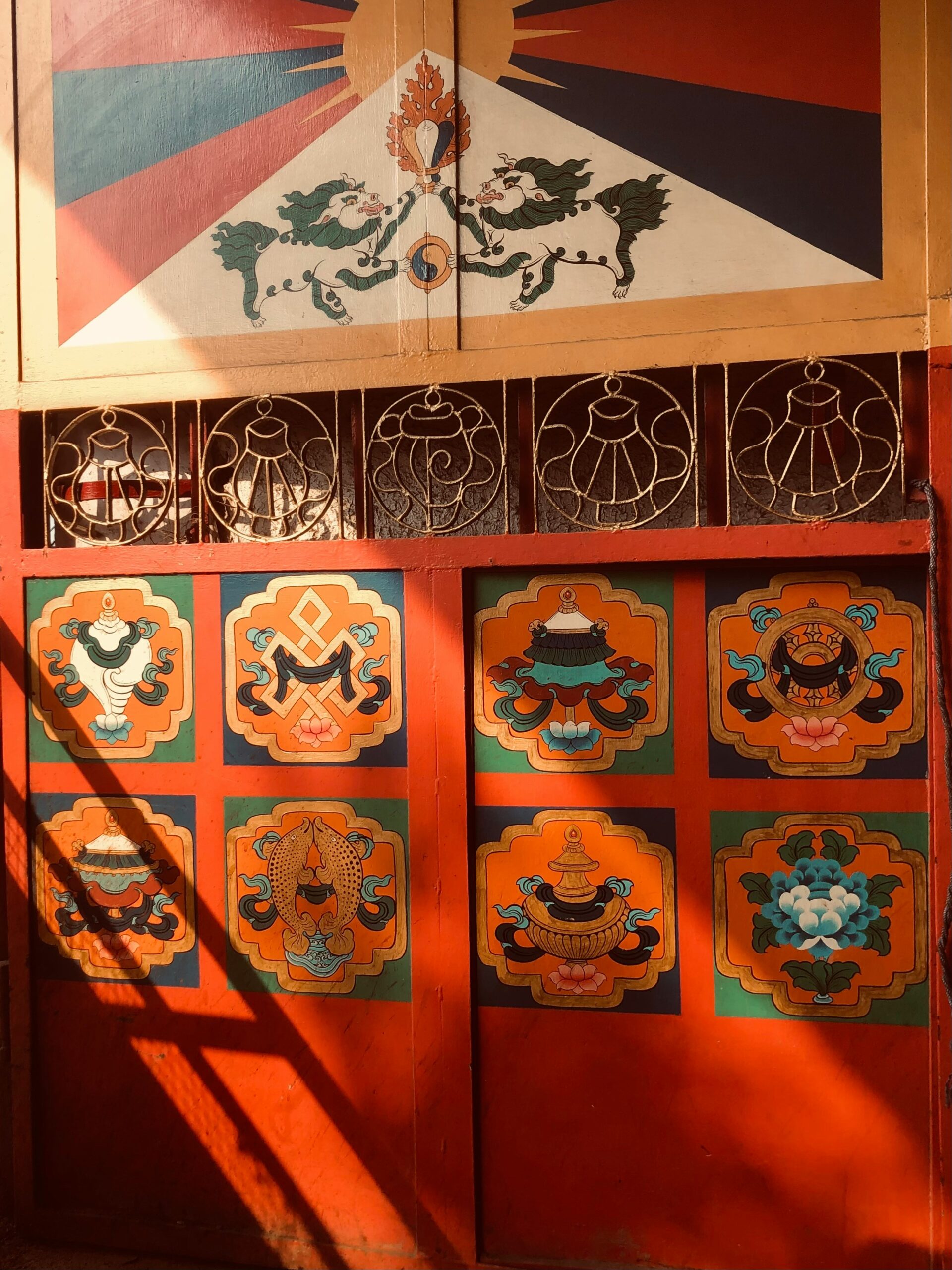 a wooden door with decorative designs painted on it